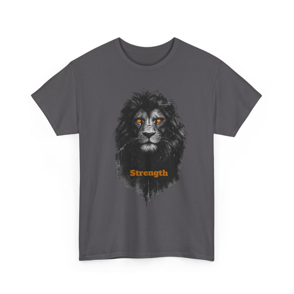 Lion Strength T-Shirt — Bold Black Lion Portrait Graphic Tee with “Strength” Text