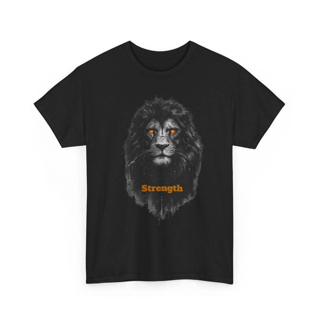 Lion Strength T-Shirt — Bold Black Lion Portrait Graphic Tee with “Strength” Text