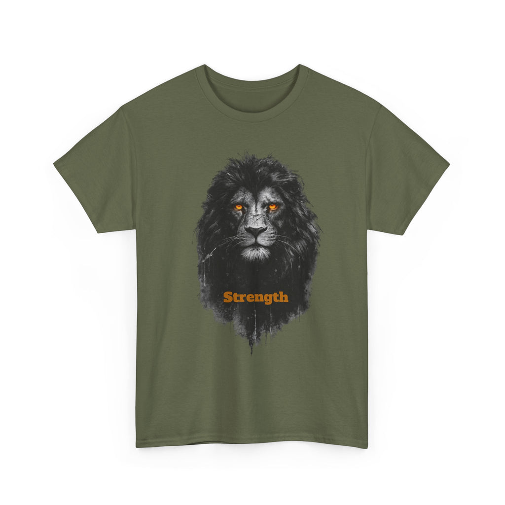 Lion Strength T-Shirt — Bold Black Lion Portrait Graphic Tee with “Strength” Text