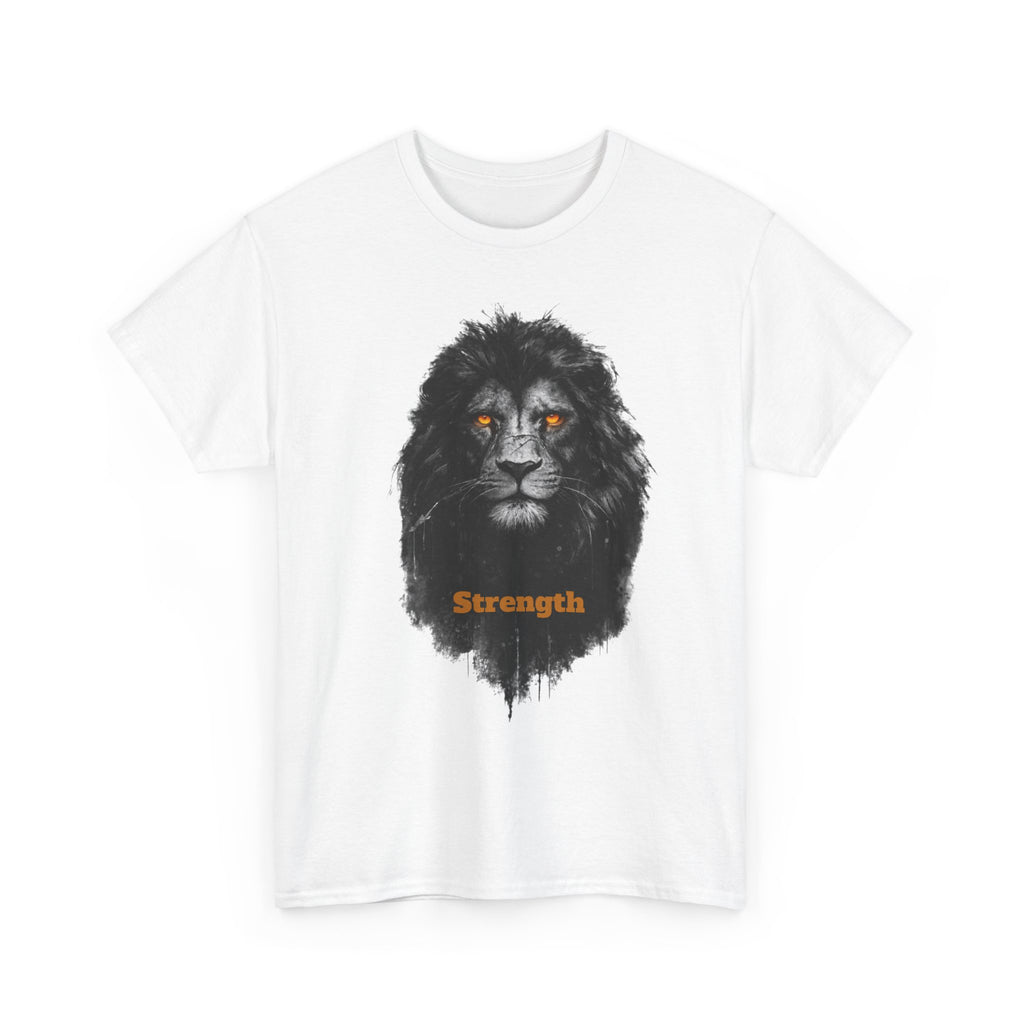 Lion Strength T-Shirt — Bold Black Lion Portrait Graphic Tee with “Strength” Text