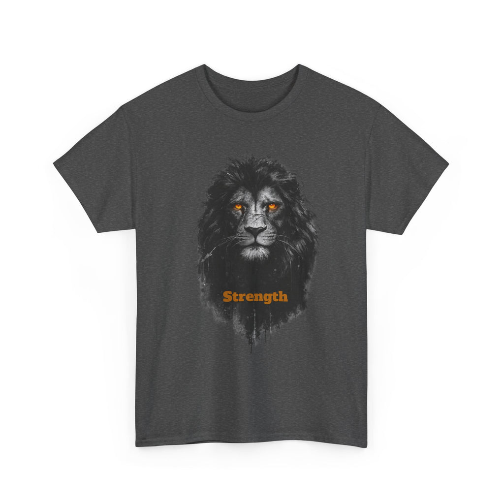 Lion Strength T-Shirt — Bold Black Lion Portrait Graphic Tee with “Strength” Text