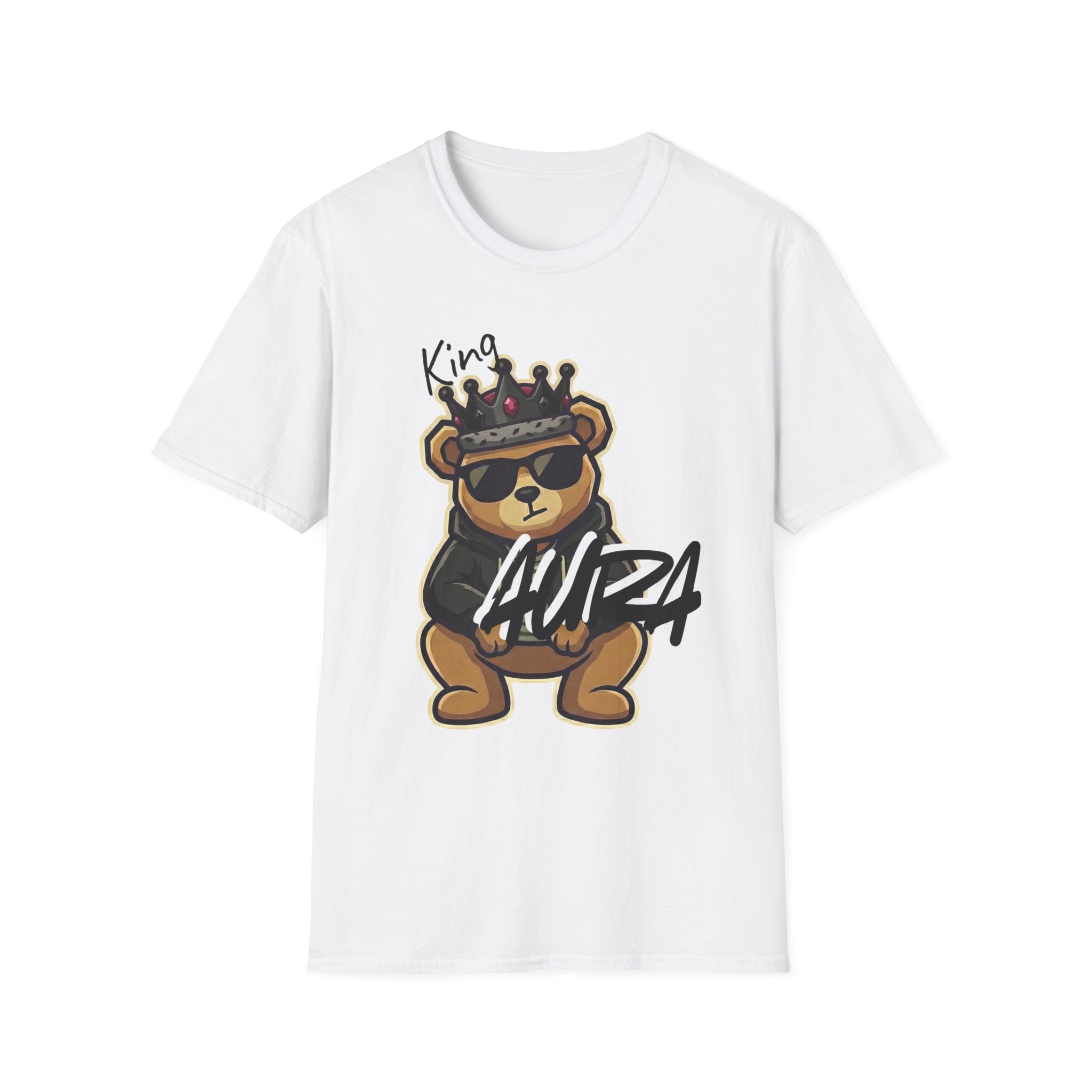 White t-shirt with a bear graphic wearing sunglasses and a crown, on a white background